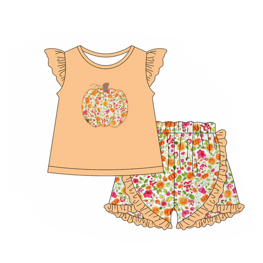 5.30 Preorder (moq 5)Baby Girls Orange Flutter Sleeves Floral Pumpkins Top Ruffle Shorts Set