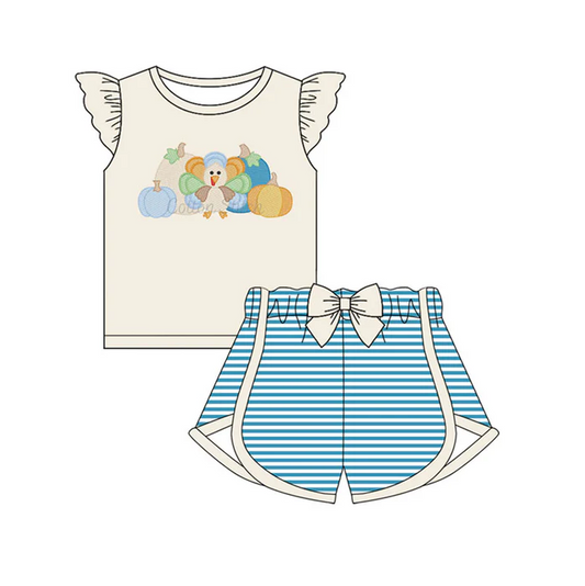 5.30 Preorder (moq 5)Baby Girls Light Pink Flutter Sleeves Turkey Pumpkins Top Blue Stripe Shorts Set