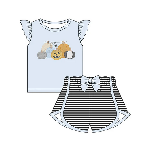 5.30 Preorder (moq 5)Baby Girls Light Blue Flutter Sleeves Ghost Pumpkins Top Black Stripe Shorts Set