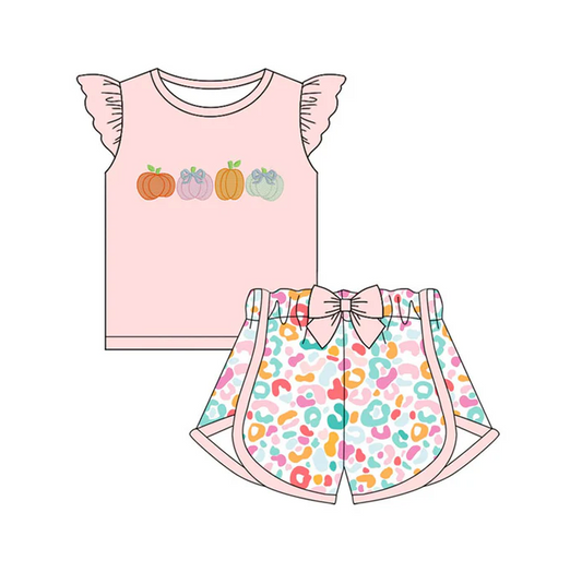 5.30 Preorder (moq 5)Baby Girls Pink Flutter Sleeves Bows Pumpkins Top Colorful Leopard Shorts Set