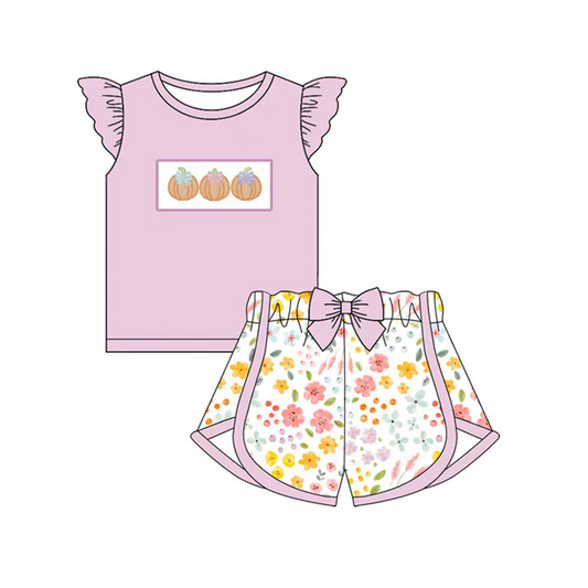 5.30 Preorder (moq 5)Baby Girls Lavender Flutter Sleeves Bows Pumpkins Top Flowers Shorts Set