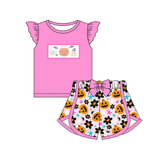 5.30 Preorder (moq 5)Baby Girls Hot Pink Flutter Sleeves Ghost Pumpkins Bats Top Flowers Shorts Set