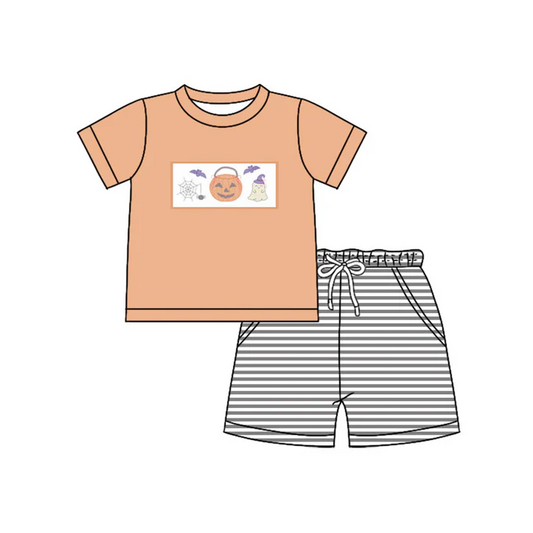 5.30 Preorder (moq 5)Baby Boys Peach Short Sleeves Ghost Pumpkins Bats Top Gray Stripe Pockets Shorts Set