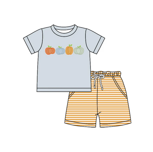5.30 Preorder (moq 5)Baby Boys Blue Short Sleeves Pumpkins Top Orange Stripe Pockets Shorts Set