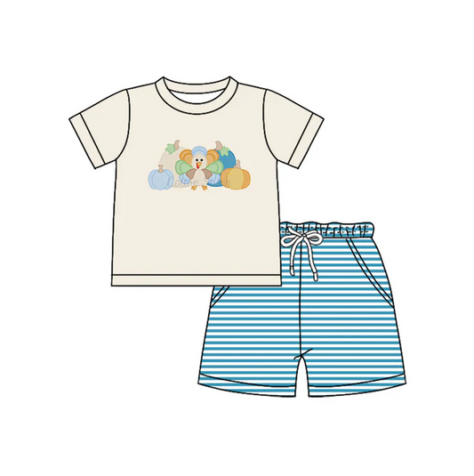 5.30 Preorder (moq 5)Baby Boys Khaki Short Sleeves Turkey Pumpkins Top Blue Stripes Pockets Shorts Set