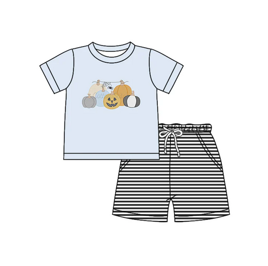 5.30 Preorder (moq 5)Baby Boys Light Blue Short Sleeves Ghost Pumpkins Top Black Stripes Pockets Shorts Set
