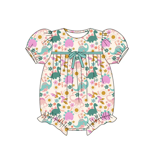5.30 Preorder (moq 5)Baby Girls Short Ruffle Sleeves Pink Flowers Dinosaurs Rompers