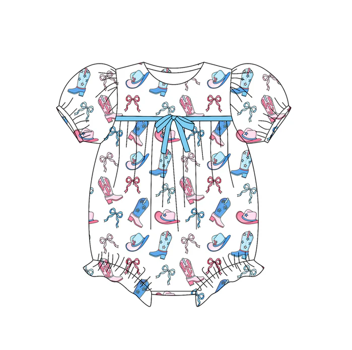 5.30 Preorder (moq 5)Baby Girls Short Ruffle Sleeves Blue Pink Bows Boots Rompers