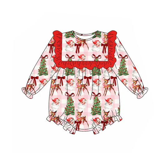 5.30 Preorder (moq 5)Baby Girls Red Plaid Long Ruffle Sleeves Santa Trees Deer Rompers