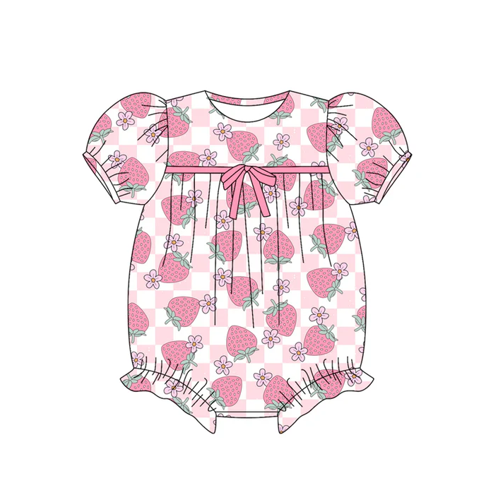5.30 Preorder (moq 5)Baby Girls Pink Plaid Short Ruffle Sleeves Strawberry Flowers Rompers