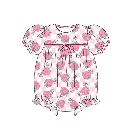5.30 Preorder (moq 5)Baby Girls Pink Plaid Short Ruffle Sleeves Strawberry Flowers Rompers