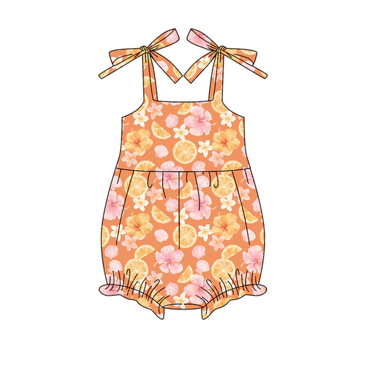 5.30 Preorder (moq 5)Baby Girls Orange Bows Strap Lemons Flowers Ruffle Rompers