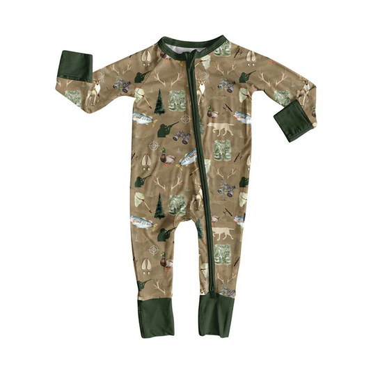 5.30 Preorder (moq 5)Baby Boys Dark Green Long Sleeves Deer Ducks Fishing Zipper Rompers