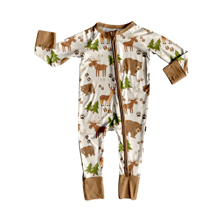 5.30 Preorder (moq 5)Baby Boys Brown Long Sleeves Deer Bears Trees Zipper Rompers