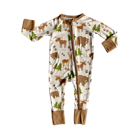 5.30 Preorder (moq 5)Baby Boys Brown Long Sleeves Deer Bears Trees Zipper Rompers