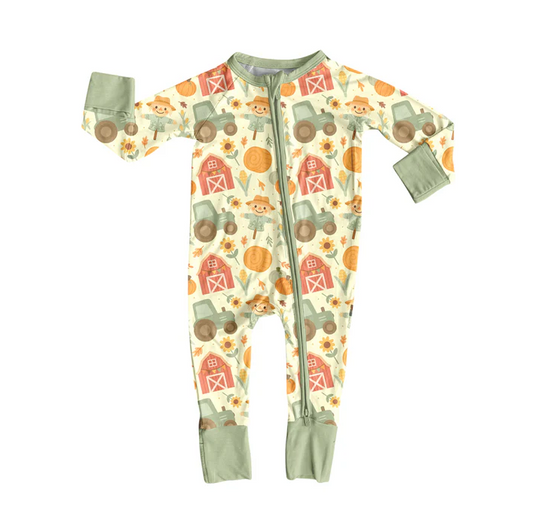 5.30 Preorder (moq 5)Baby Boys Yellow Long Sleeves Houses Trucks Farm Zipper Rompers