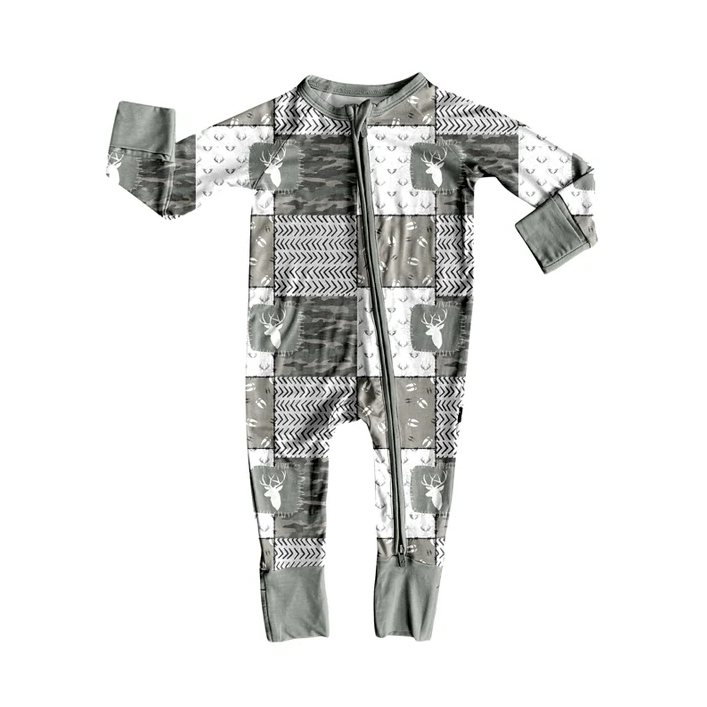 5.30 Preorder (moq 5)Baby Boys Gray Long Sleeves Deer Camo Plaid Zipper Rompers