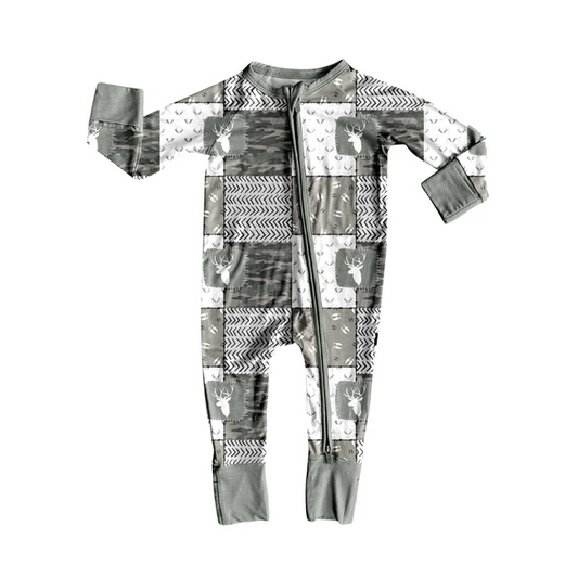 5.30 Preorder (moq 5)Baby Boys Gray Long Sleeves Deer Camo Plaid Zipper Rompers