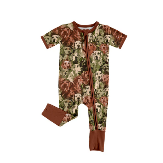 5.30 Preorder (moq 5)Baby Boys Brown Short Sleeves Dogs Zipper Rompers