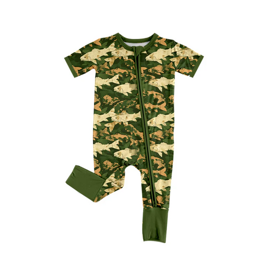 5.30 Preorder (moq 5)Baby Boys Dark Green Short Sleeves Fishes Zipper Rompers