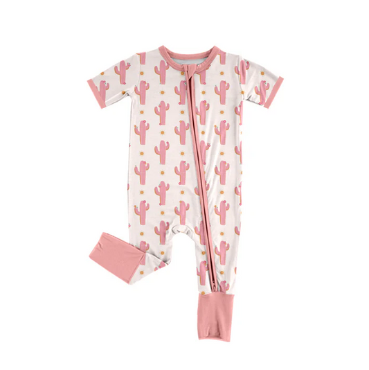 5.30 Preorder (moq 5)Baby Boys Short Sleeves Pink Cactus Polka Dots Zipper Rompers