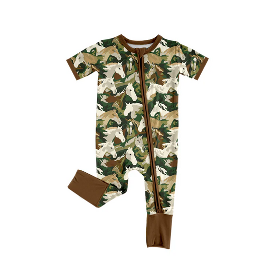 5.30 Preorder (moq 5)Baby Boys Green Short Sleeves Horses Zipper Rompers