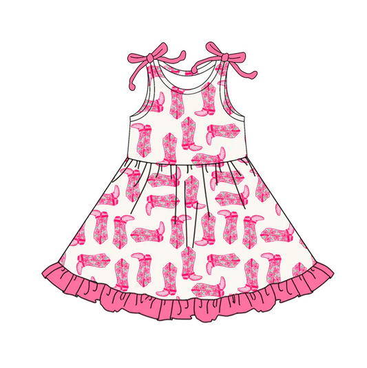 5.30 Preorder (moq 5)Baby Girls Bows Sleeveless Pink Boots Plaid Ruffle Knee Length Dresses