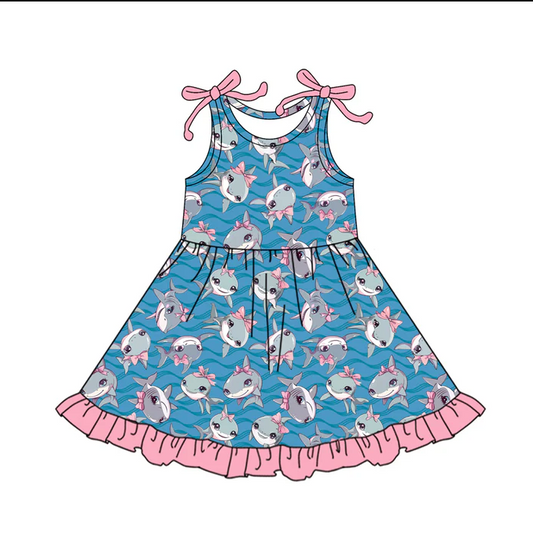 5.30 Preorder (moq 5)Baby Girls Hot Blue Bows Sleeveless Sharks Sea Ruffle Knee Length Dresses