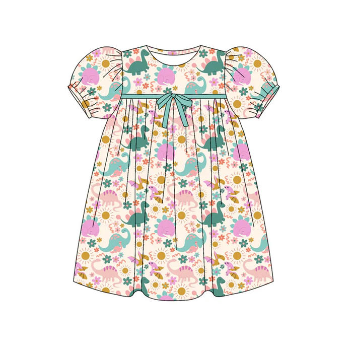5.30 Preorder (moq 5)Baby Girls Short Ruffle Sleeves Pink Floral Dinosaurs Knee Length Dresses