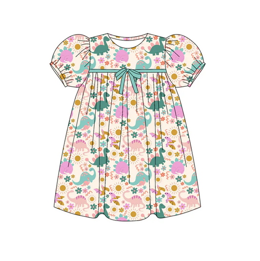 5.30 Preorder (moq 5)Baby Girls Short Ruffle Sleeves Pink Floral Dinosaurs Knee Length Dresses