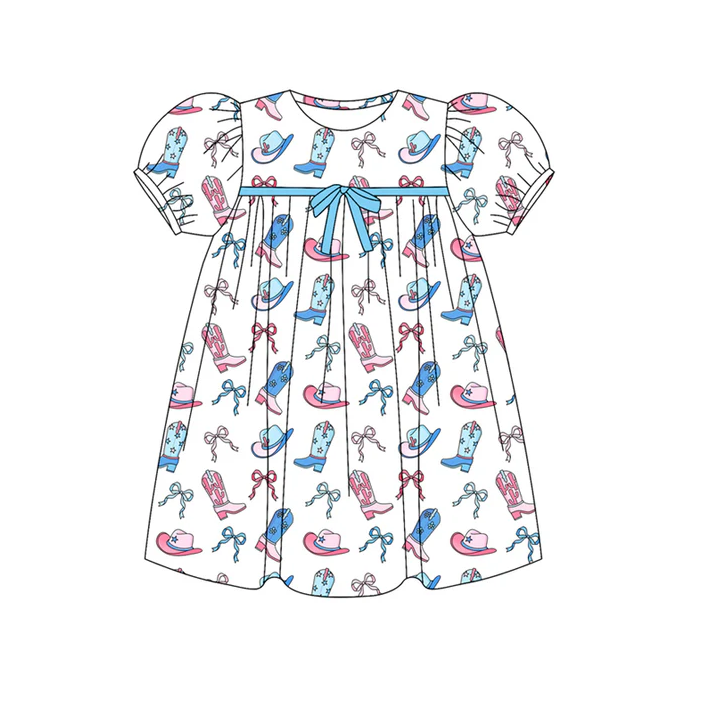 5.30 Preorder (moq 5)Baby Girls Short Ruffle Sleeves Blue Pink Boots Hats Knee Length Dresses