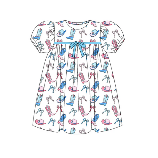 5.30 Preorder (moq 5)Baby Girls Short Ruffle Sleeves Blue Pink Boots Hats Knee Length Dresses