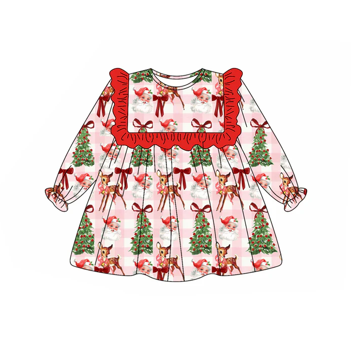 5.30 Preorder (moq 5)Baby Girls Red Plaid Long Ruffle Sleeves Santa Trees Deer Knee Length Dresses