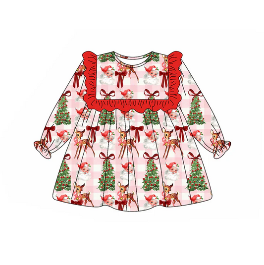 5.30 Preorder (moq 5)Baby Girls Red Plaid Long Ruffle Sleeves Santa Trees Deer Knee Length Dresses