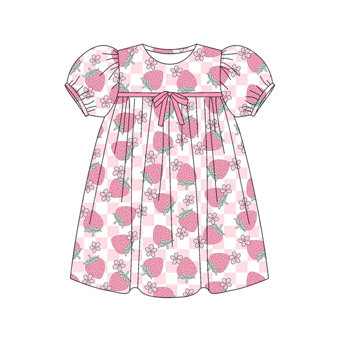 5.30 Preorder (moq 5)Baby Girls Short Ruffle Sleeves Pink Plaid Strawberry Flowers Knee Length Dresses