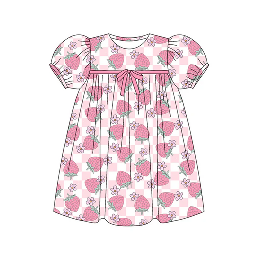 5.30 Preorder (moq 5)Baby Girls Short Ruffle Sleeves Pink Plaid Strawberry Flowers Knee Length Dresses