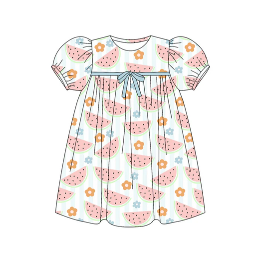 5.30 Preorder (moq 5)Baby Girls Short Ruffle Sleeves Watermelons Flowers Knee Length Dresses