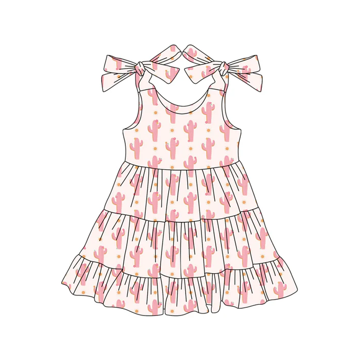 5.30 Preorder (moq 5)Baby Girls Bows Strap Pink Cactus Polka Dots Ruffle Knee Length Dresses