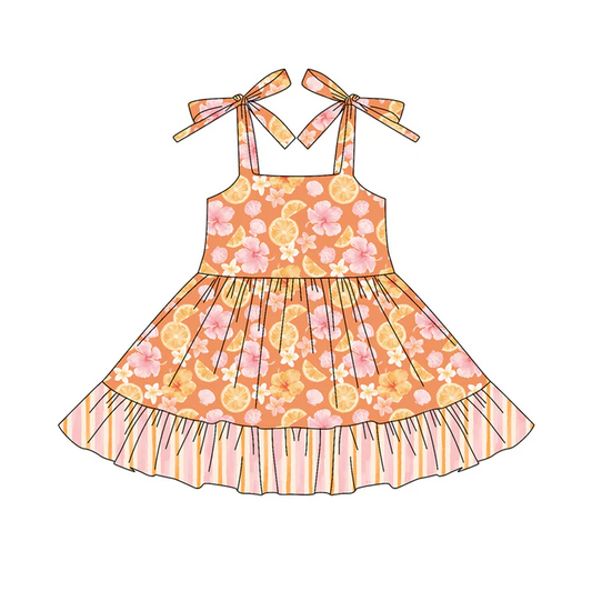 5.30 Preorder (moq 5)Baby Girls Orange Bows Strap Lemons Flowers Ruffle Knee Length Dresses