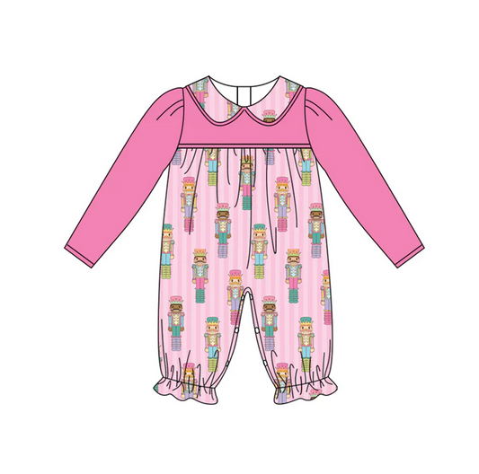 6.2 Preorder (moq 5)Baby Girls Hot Pink Long Sleeves Soldier Stripe Ruffle Pant Rompers