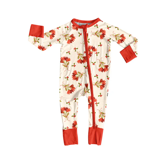 6.2 Preorder (moq 5)Baby Girls Long Ruffle Sleeves Red Bows Leaves Zipper Pant Rompers