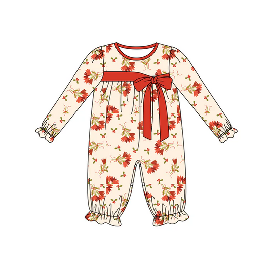 6.2 Preorder (moq 5)Baby Girls Long Ruffle Sleeves Red Bows Leaves Pant Rompers