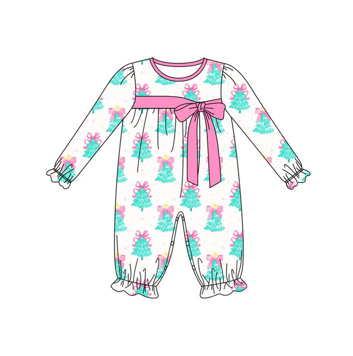 6.2 Preorder (moq 5)Baby Girls Long Ruffle Sleeves Bows Trees Plaid Pant Rompers