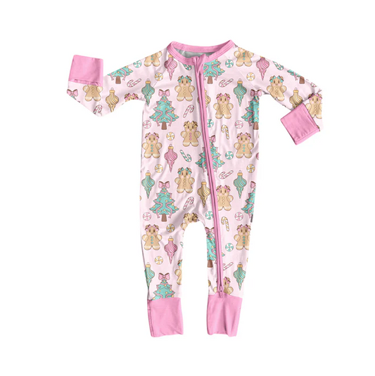 6.2 Preorder (moq 5)Baby Girls Pink Long Sleeves Trees Gingerbread Zipper Pant Rompers
