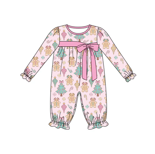 6.2 Preorder (moq 5)Baby Girls Pink Long Ruffle Sleeves Trees Gingerbread Pant Rompers
