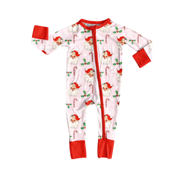 6.2 Preorder (moq 5)Baby Girls Long Sleeves Red Santa Candy Cane Zipper Pant Rompers