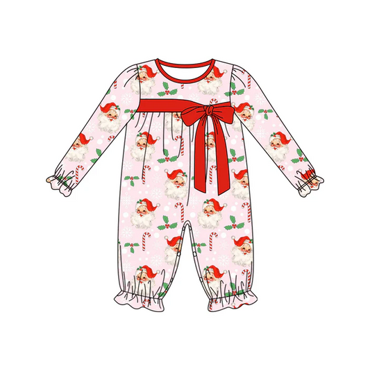 6.2 Preorder (moq 5)Baby Girls Long Ruffle Sleeves Red Santa Candy Cane Pant Rompers