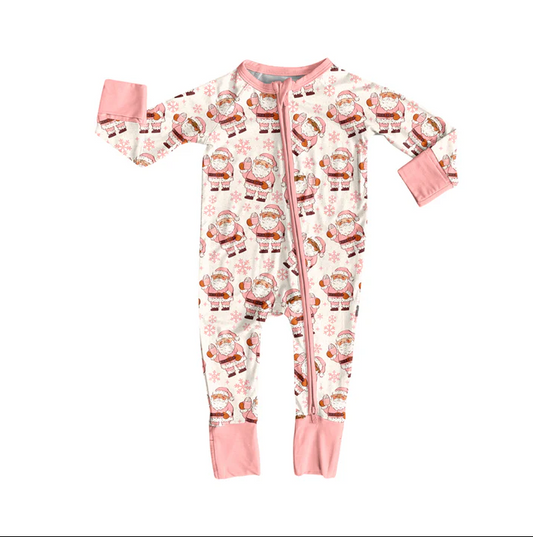 6.2 Preorder (moq 5)Baby Girls Long Sleeves Pink Santa Snowflake Zipper Pant Rompers