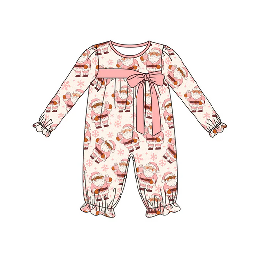 6.2 Preorder (moq 5)Baby Girls Long Ruffle Sleeves Pink Santa Snowflake Pant Rompers