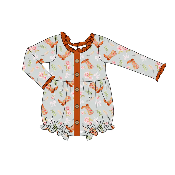 6.2 Preorder (moq 5)Baby Girls Long Ruffle Sleeves Boots Flowers Bows Button Rompers